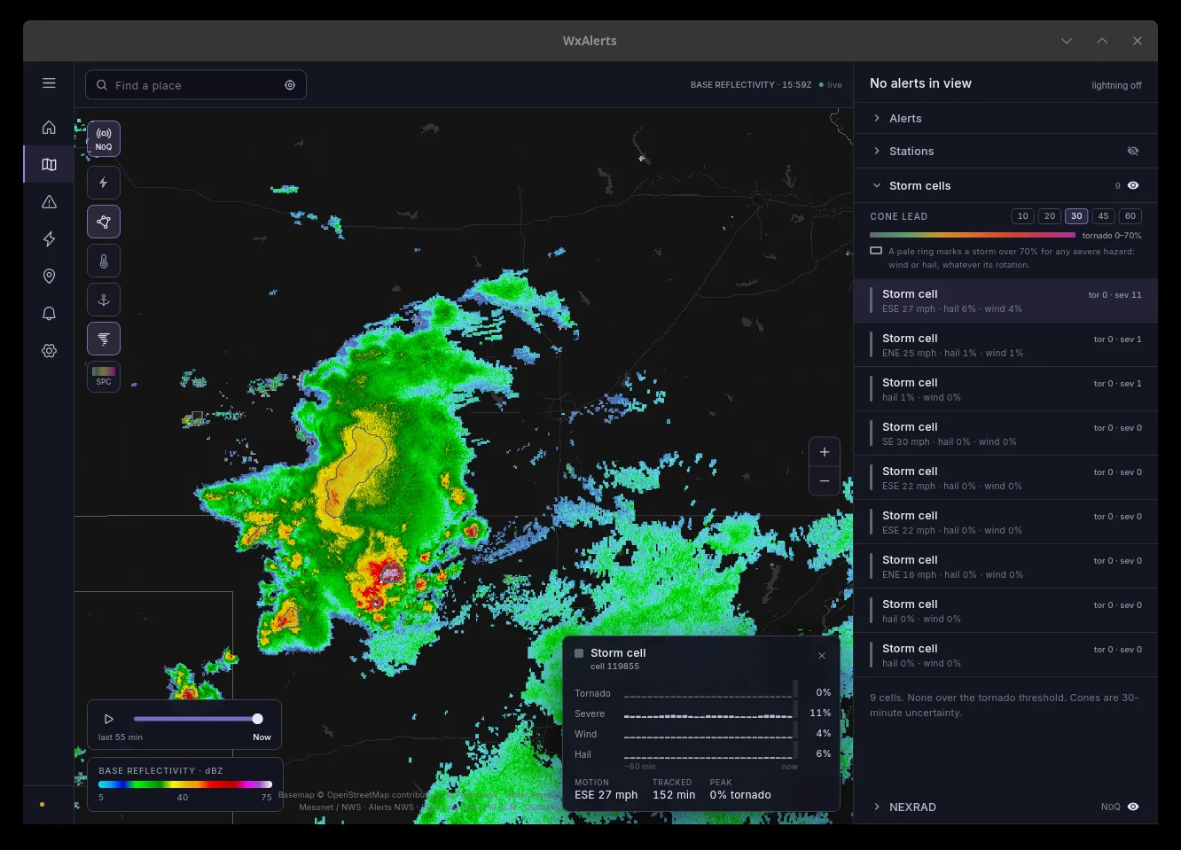 The desktop app tracking nine storm cells, each listed with its motion and its hail and wind probabilities, and one cell open in an inspector showing the last hour of tornado, severe, wind and hail probability.