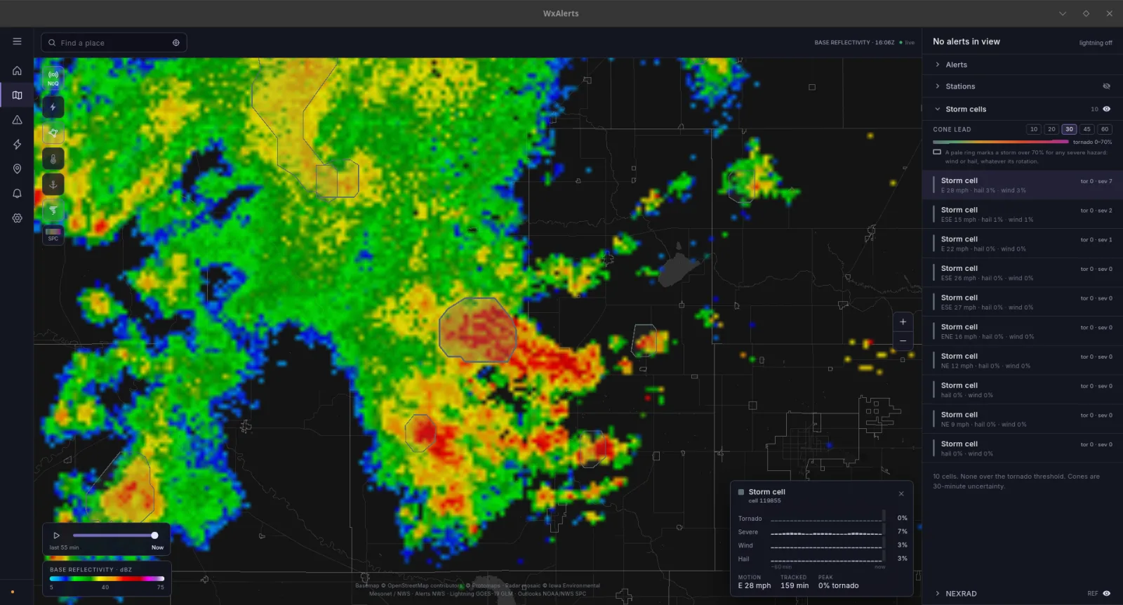 The desktop app showing base reflectivity across a squall line, ten storm cells tracked with their cones drawn, and one cell open in the inspector.