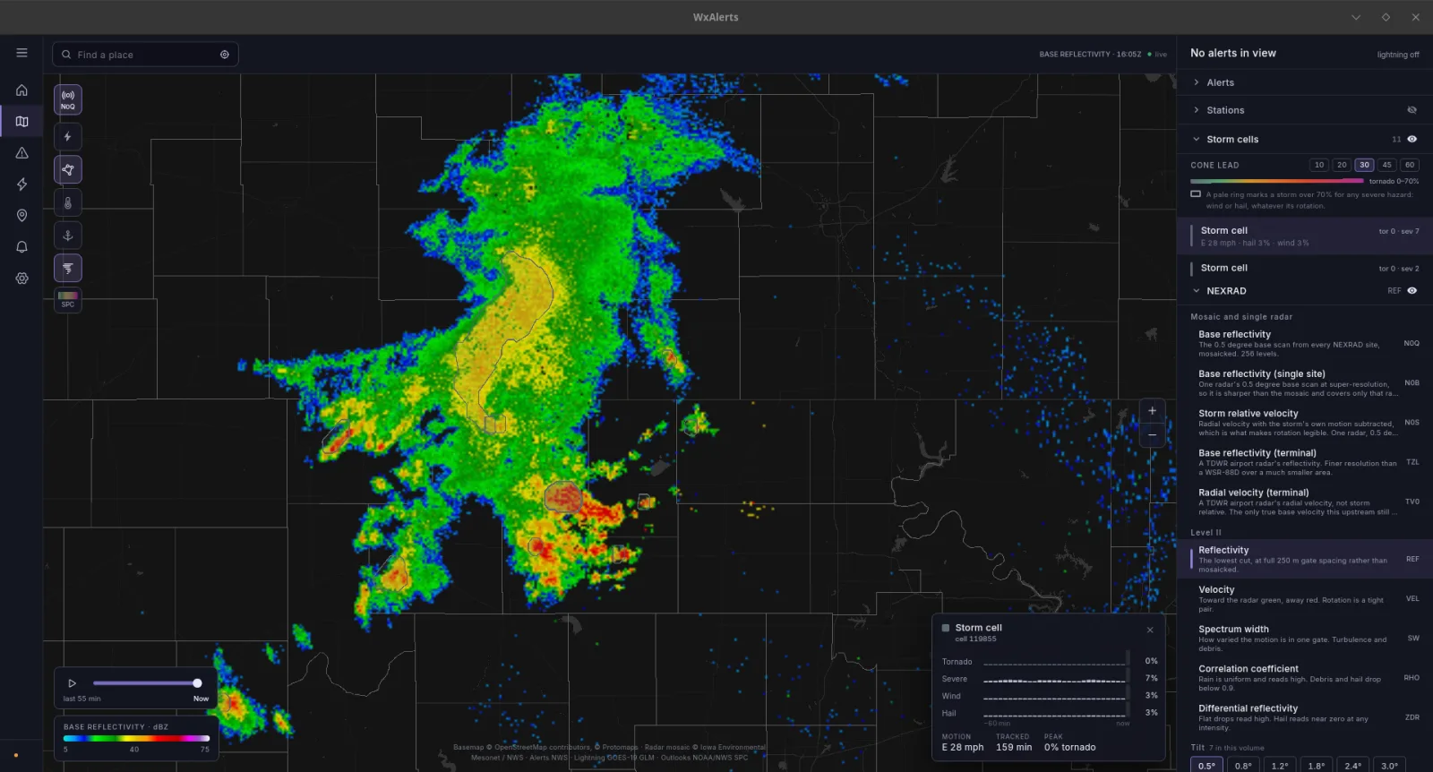 The desktop app with the radar product list open, showing the Level II reflectivity, velocity, spectrum width, correlation coefficient and differential reflectivity moments, and the seven tilts in the current volume.