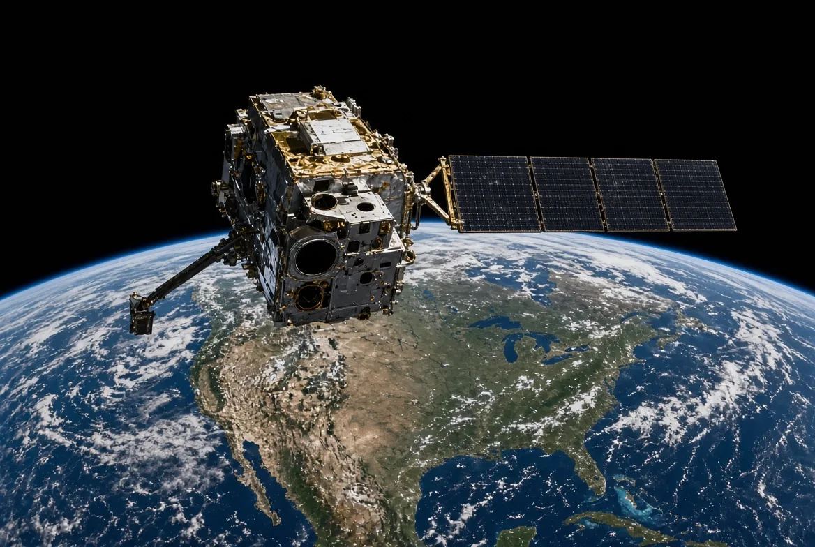 A weather satellite in orbit above North America, its solar array extended, with the Great Lakes and the Gulf coast visible below.