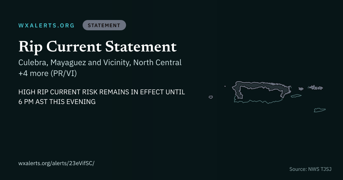 Map of the area under the Rip Current Statement for Culebra, Mayaguez and Vicinity, North Central +4 more (PR/VI).